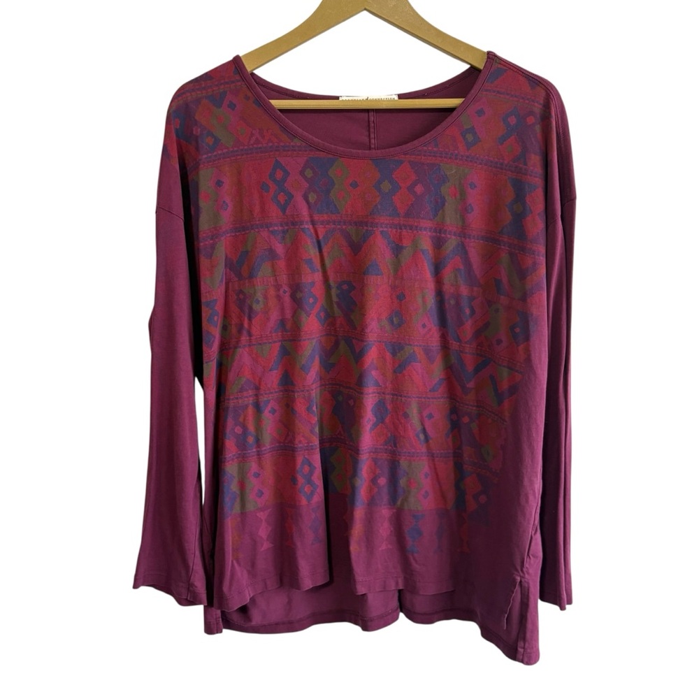 Peruvian Connection Sz Large Burgundy Multicolor Aztec Southwestern Print Shirt